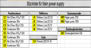 Parts list main power supply